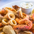 Mixed deep-fried fish, shrimp and squid platter Royalty Free Stock Photo