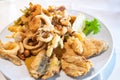 Mixed deep-fried fish, shrimp and squid platter Royalty Free Stock Photo