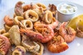 Mixed deep-fried fish, shrimp and squid platter Royalty Free Stock Photo