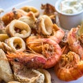 Mixed deep-fried fish, shrimp and squid platter Royalty Free Stock Photo