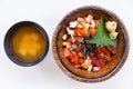 Mixed Donburi : Diced Salmon, Diced Tentacle Squid, Diced Maguro, Diced Unagi, Diced Cucumber with Ebiko and Seaweed.