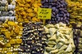 Mixed dried fruit for sale at a store within the Spice Bazaar in Istanbul in Turkey. Royalty Free Stock Photo
