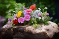 mixed flower arrangement in a hollowed-out log Royalty Free Stock Photo
