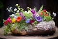 mixed flower arrangement in a hollowed-out log Royalty Free Stock Photo
