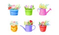 Mixed Flower Bouquets Standing in Buckets and Watering Can Vector Set
