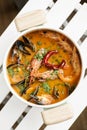 Mixed fresh creamy spicy seafood soup Royalty Free Stock Photo