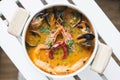 Mixed fresh creamy spicy seafood soup Royalty Free Stock Photo