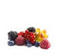 Mixed of fresh fruits and berries isolated on a white background. Ripe blueberries, blackberries, red currants, grapes, raspberrie Royalty Free Stock Photo