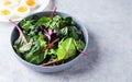 Mixed fresh salad leaves in a blue bowl top view Royalty Free Stock Photo