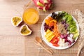 Mixed fresh salad organic vegetables with quinoa seeds and juice, Healthy vegan food Royalty Free Stock Photo