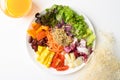 Mixed fresh salad organic vegetables with quinoa seeds and juice, Healthy vegan food Royalty Free Stock Photo