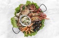 Mixed fresh seafood gourmet platter on spanish restaurant table