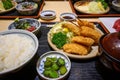 Mixed fried food is a Japanese food set. There are rice, pickles and soup Royalty Free Stock Photo