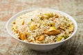 Mixed fried rice include egg, chicken, shrimp and prawn served in dish isolated on table top view of arabic food Royalty Free Stock Photo