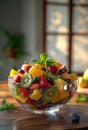 Mixed fruit salad in a clear glass bowl, showcasing layers and textures