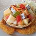 Mixed fruit salad with fried shrimp Royalty Free Stock Photo