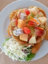 Mixed fruit salad with fried shrimp Royalty Free Stock Photo