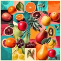 Mixed fruits pear, apple, grapefruit, orange. Retro style food poster collage. Generative AI Royalty Free Stock Photo
