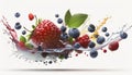 Mixed fruits, strawberries, blueberries, raspberries falling into water on white background Royalty Free Stock Photo