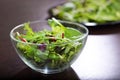A mixed green salad with arugula and romaine, spinach on a wooden table