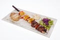 Mixed grill skewers of vegetables, meat and shrimp Royalty Free Stock Photo