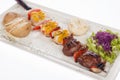 Mixed grill skewers of vegetables, meat and shrimp Royalty Free Stock Photo