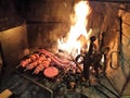 Mixed grilled meat in a lit fireplace Royalty Free Stock Photo