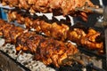 Mixed grilled meat platter. Assorted delicious grilled meat. The closeup of some meat skewers being grilled in a barbecue. grilled Royalty Free Stock Photo