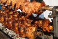 Mixed grilled meat platter. Assorted delicious grilled meat. The closeup of some meat skewers being grilled in a barbecue. grilled Royalty Free Stock Photo