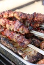 Mixed grilled meat platter. Assorted delicious grilled meat. The closeup of some meat skewers being grilled in a barbecue. grilled Royalty Free Stock Photo
