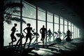 Mixed group of men and women of different ages in inclusive gym, fitness studio. Silhouettes of active sporty people on gym