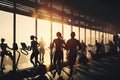 Mixed group of men and women of different ages in inclusive gym, fitness studio. Silhouettes of active sporty people on gym