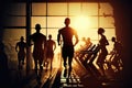 Mixed group of men and women of different ages in inclusive gym, fitness studio. Silhouettes of active sporty people on gym