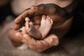 Interracial family holding baby feet in hands mixed by black and white skin color Royalty Free Stock Photo