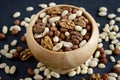 Hazelnuts, peanuts, walnuts in wooden bowl on black background Royalty Free Stock Photo