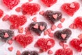 Mixed heart shaped marmalade, candy jellies sprinkled with sugar crumbs Royalty Free Stock Photo