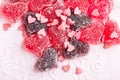 Mixed heart shaped marmalade, candy jellies sprinkled with sugar crumbs Royalty Free Stock Photo