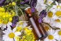 Mixed herbal oil. Essential oil various. Colorful flowers