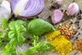 Mixed, Italian cooking ingredients placed on rustic wooden table Royalty Free Stock Photo