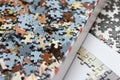 Mixed jigsaw puzzle pieces background, macro close up Royalty Free Stock Photo