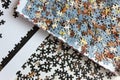 Mixed jigsaw puzzle pieces background, macro close up Royalty Free Stock Photo