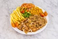 Mixed kebab plate with roast chicken and lamb meat, fried potatoes, bulgur stew with vegetables Royalty Free Stock Photo