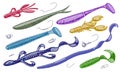 Mixed kinds of soft plastic baits and tackles.