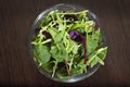 Mixed leaves of a diet salad on a wooden table. A view from above