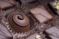 Mixed luxury dark and milk chocolate truffles. Assorted delicious handmade chocolate pralines in a row. Royalty Free Stock Photo