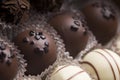 Mixed luxury dark and milk chocolate truffles. Assorted delicious handmade chocolate pralines in a row. Full frame background. Royalty Free Stock Photo