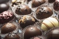 Mixed luxury dark and milk chocolate truffles. Assorted delicious handmade chocolate pralines in a row. Full frame background. Royalty Free Stock Photo