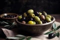 Mixed marinated green, black and purpleolives in a ceramic bowl and basil leaves, generative AI. Royalty Free Stock Photo