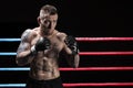 Mixed martial artist posing in boxing ring. Concept of mma, ufc, thai boxing, classic boxing