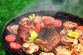 Mixed Meat And Vegetables On The Hot BBQ Grill